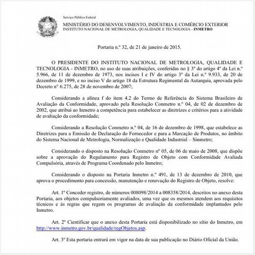 Portaria INMETRO/MDIC 32:2015 - Situação: Em vigor