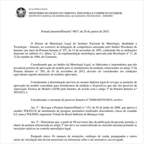 Portaria DIMEL/INMETRO 17:2015 - Situação: Em vigor