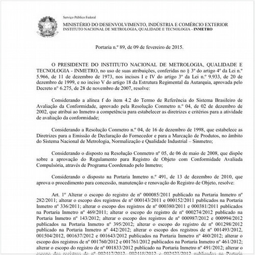 Portaria INMETRO/MDIC 89:2015 - Situação: Em vigor