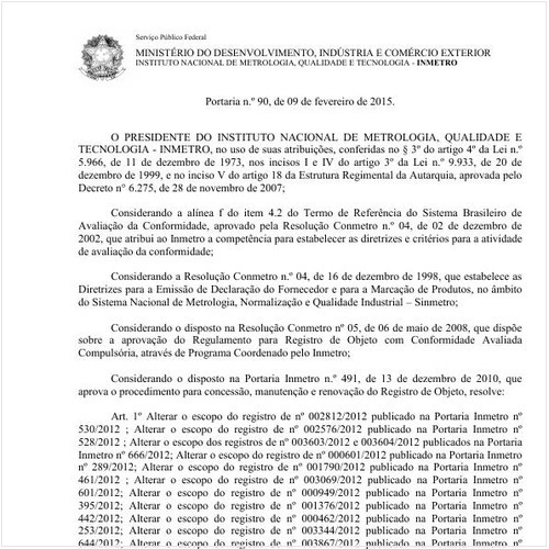 Portaria INMETRO/MDIC 90:2015 - Situação: Em vigor