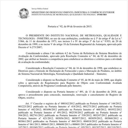 Portaria INMETRO/MDIC 92:2015 - Situação: Em vigor