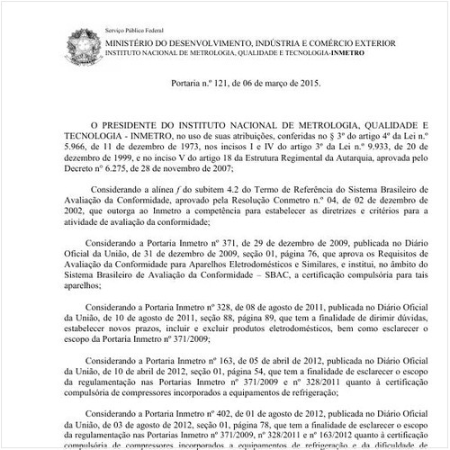 Portaria INMETRO/MDIC 121:2015 - Situação: Em vigor