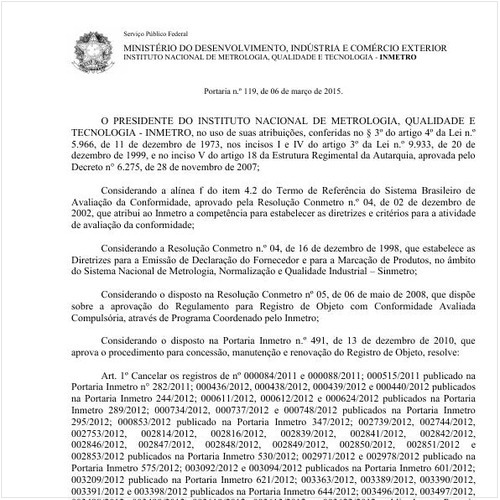 Portaria INMETRO/MDIC 119:2015 - Situação: Em vigor