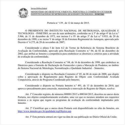 Portaria INMETRO/MDIC 139:2015 - Situação: Em vigor