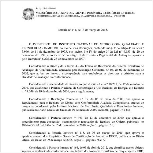 Portaria INMETRO/MDIC 144:2015 - Situação: Revogado