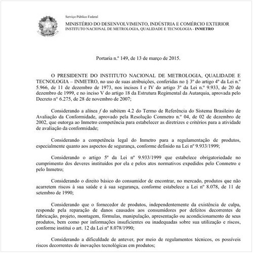 Portaria INMETRO/MDIC 149:2015 - Situação: Revogado