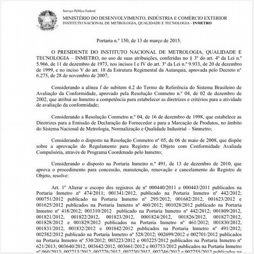 Portaria INMETRO/MDIC 150:2015 - Situação: Em vigor