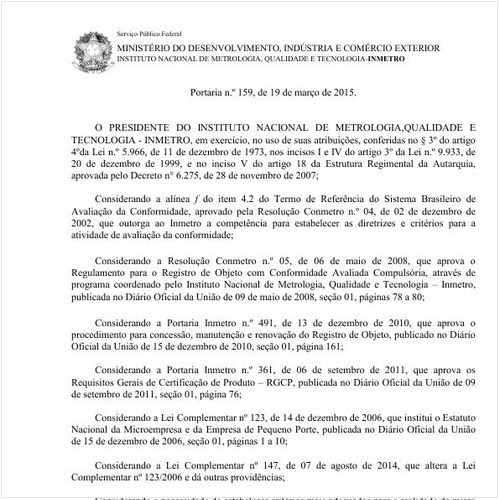 Portaria INMETRO/MDIC 159:2015 - Situação: Revogado