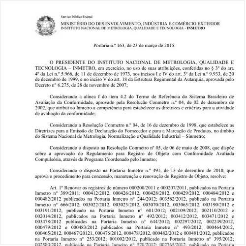 Portaria INMETRO/MDIC 163:2015 - Situação: Em vigor