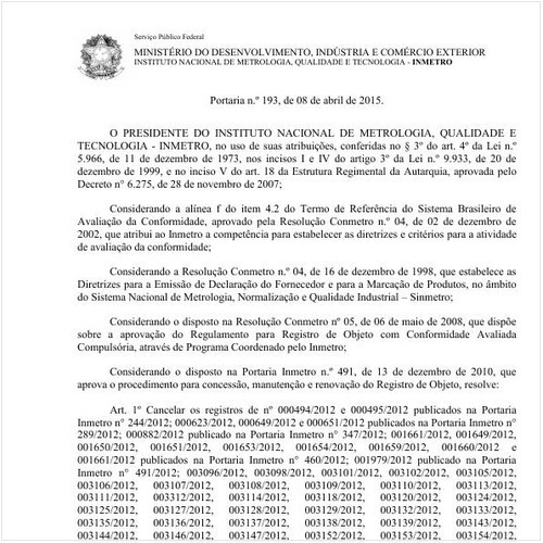 Portaria INMETRO/MDIC 193:2015 - Situação: Em vigor