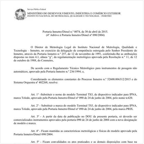 Portaria DIMEL/INMETRO 74:2015 - Situação: Revisto