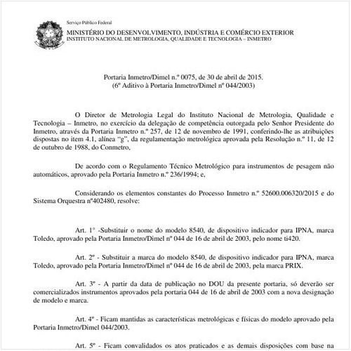 Portaria DIMEL/INMETRO 75:2015 - Situação: Em vigor