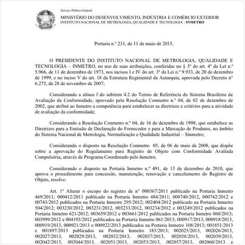 Portaria INMETRO/MDIC 231:2015 - Situação: Em vigor