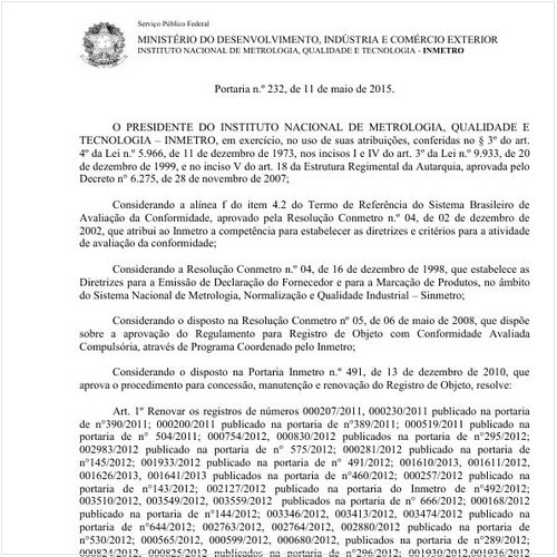 Portaria INMETRO/MDIC 232:2015 - Situação: Em vigor