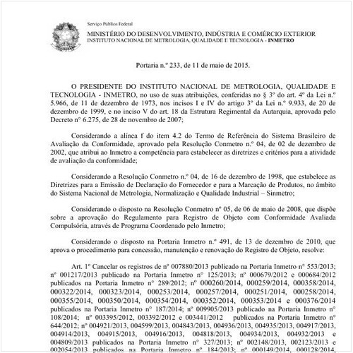 Portaria INMETRO/MDIC 233:2015 - Situação: Em vigor