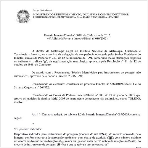 Portaria DIMEL/INMETRO 78:2015 - Situação: Em vigor