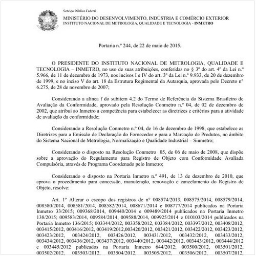 Portaria INMETRO/MDIC 244:2015 - Situação: Em vigor