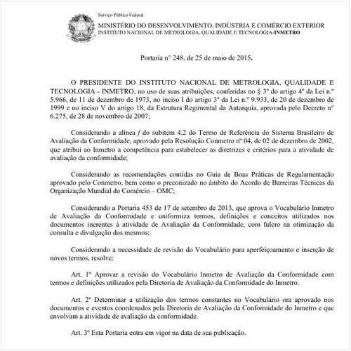 Portaria INMETRO/MDIC 248:2015 - Situação: Em vigor