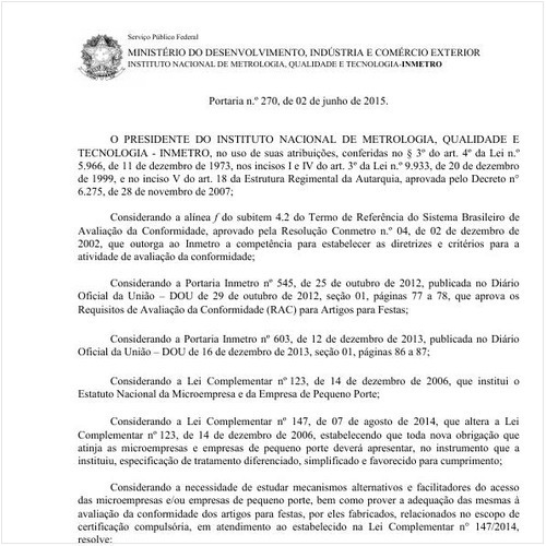 Portaria INMETRO/MDIC 270:2015 - Situação: Aguardando revogação