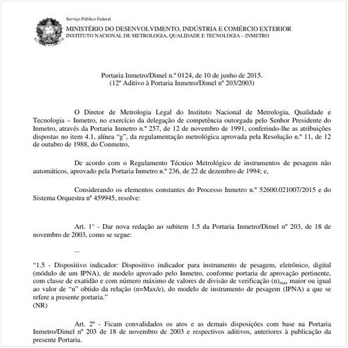 Portaria DIMEL/INMETRO 124:2015 - Situação: Em vigor