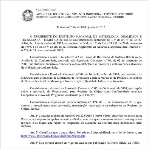 Portaria INMETRO/MDIC 286:2015 - Situação: Em vigor