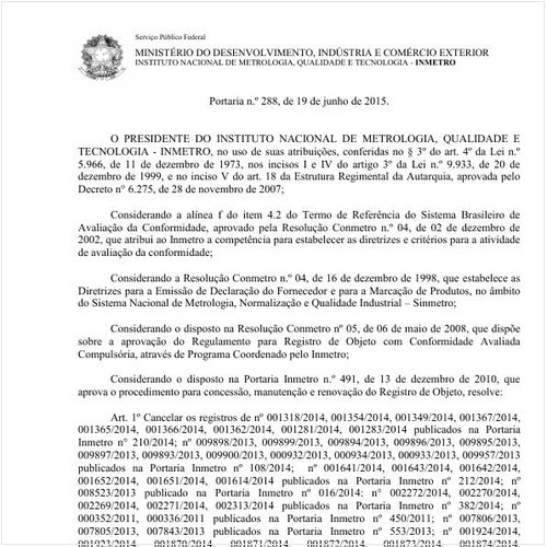 Portaria INMETRO/MDIC 288:2015 - Situação: Em vigor
