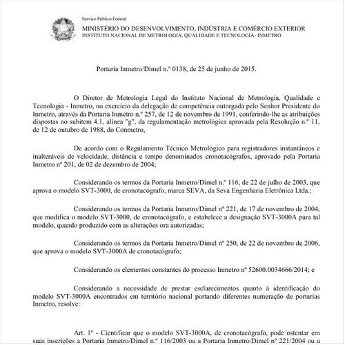 Portaria DIMEL/INMETRO 138:2015 - Situação: Em vigor