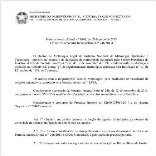 Portaria DIMEL/INMETRO 143:2015 - Situação: Em vigor
