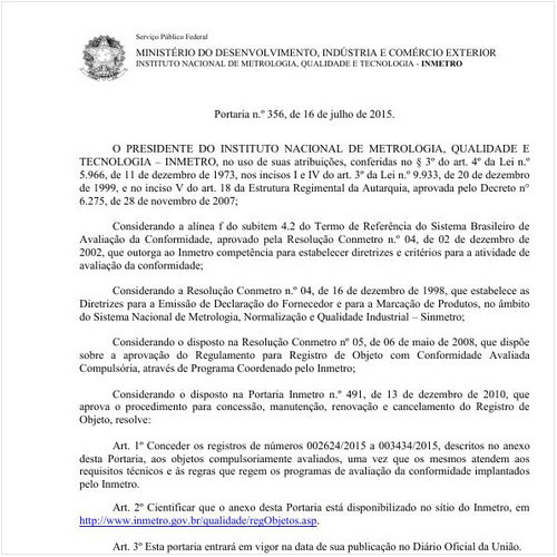 Portaria INMETRO/MDIC 356:2015 - Situação: Em vigor