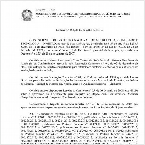 Portaria INMETRO/MDIC 359:2015 - Situação: Em vigor