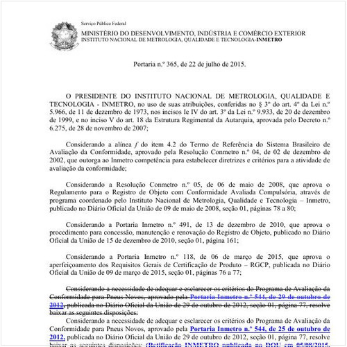 Portaria INMETRO/MDIC 365:2015 - Situação: Revogado