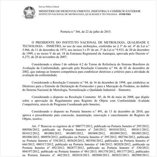 Portaria INMETRO/MDIC 366:2015 - Situação: Em vigor