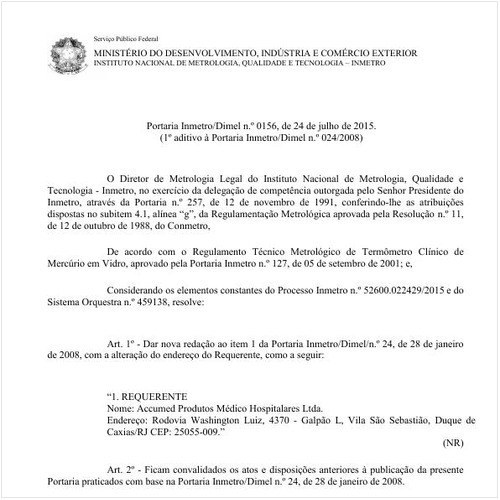 Portaria DIMEL/INMETRO 156:2015 - Situação: Em vigor
