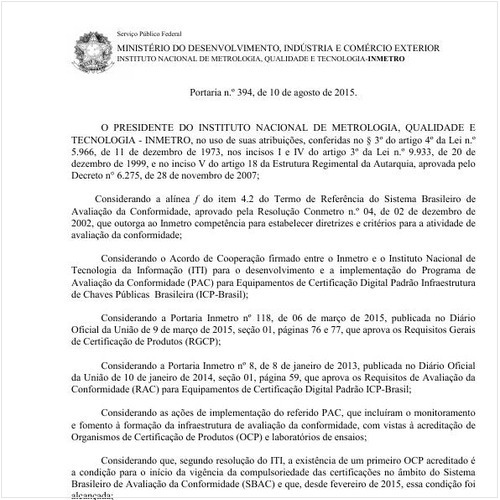 Portaria INMETRO/MDIC 394:2015 - Situação: Revogado
