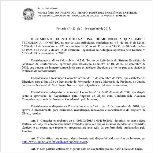 Portaria INMETRO/MDIC 423:2015 - Situação: Em vigor