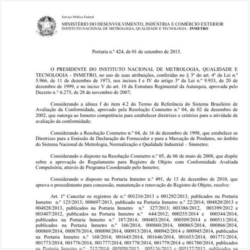 Portaria INMETRO/MDIC 424:2015 - Situação: Em vigor