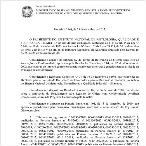 Portaria INMETRO/MDIC 468:2015 - Situação: Em vigor