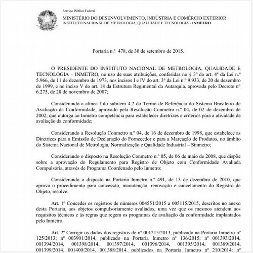 Portaria INMETRO/MDIC 478:2015 - Situação: Em vigor