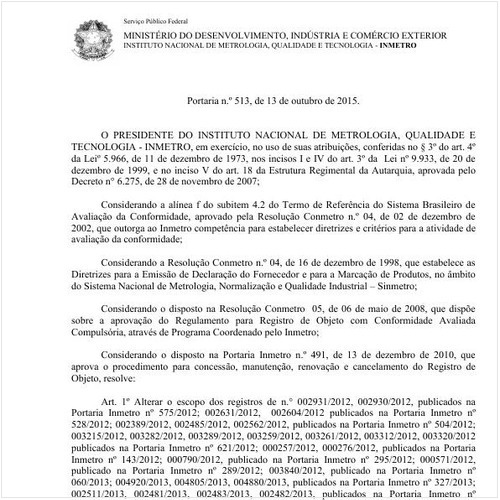 Portaria INMETRO/MDIC 513:2015 - Situação: Em vigor