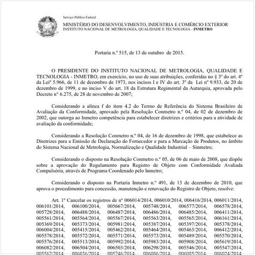 Portaria INMETRO/MDIC 515:2015 - Situação: Em vigor