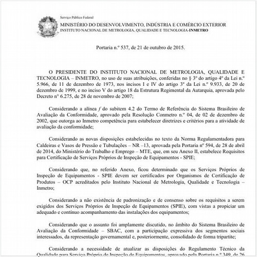 Portaria INMETRO/MDIC 537:2015 - Situação: Aguardando revogação