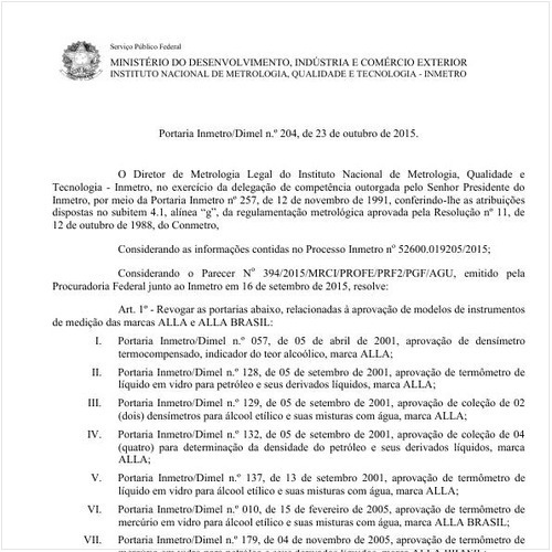 Portaria DIMEL/INMETRO 204:2015 - Situação: Em vigor