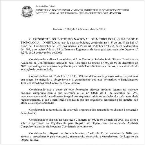 Portaria INMETRO/INMETRO 586:2015 - Situação: Em vigor