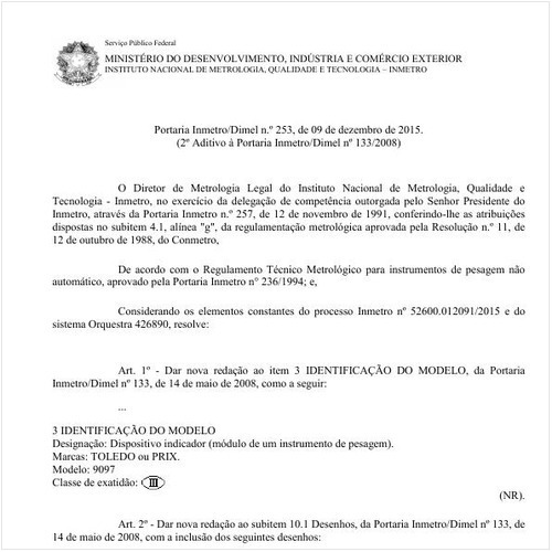 Portaria DIMEL/INMETRO 253:2015 - Situação: Em vigor