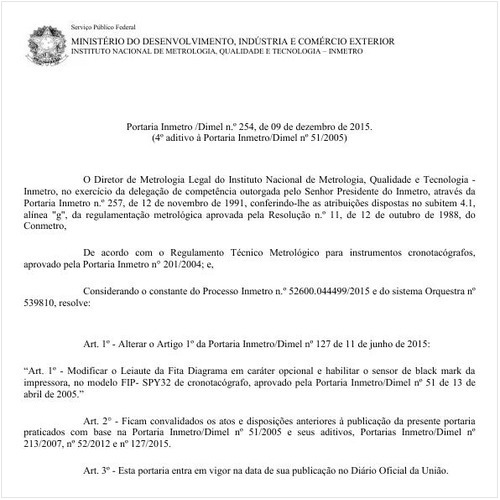 Portaria DIMEL/INMETRO 254:2015 - Situação: Em vigor