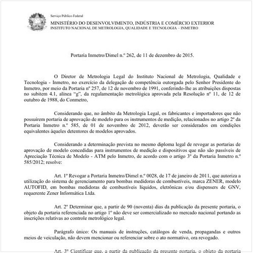 Portaria DIMEL/INMETRO 262:2015 - Situação: Em vigor