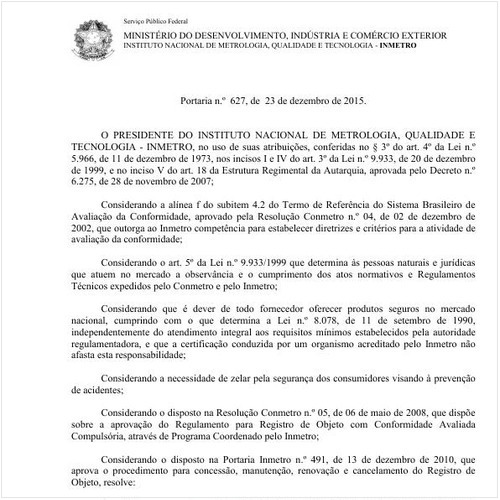 Portaria INMETRO/INMETRO 627:2015 - Situação: Em vigor