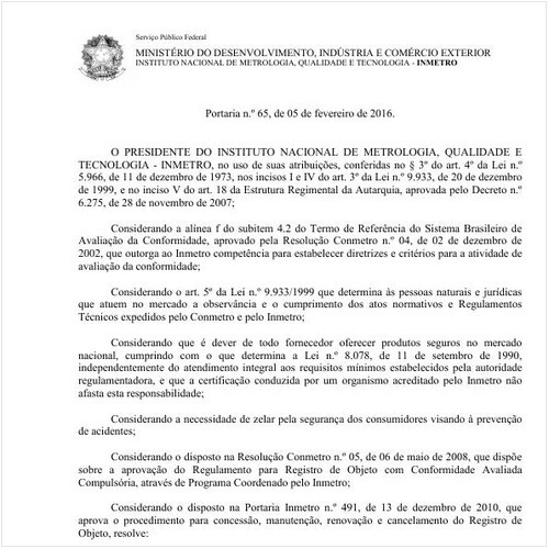 Portaria INMETRO/MDIC 65:2016 - Situação: Em vigor