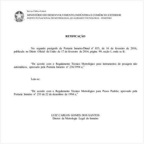 Portaria DIMEL/INMETRO 33:2016 - Situação: Em vigor