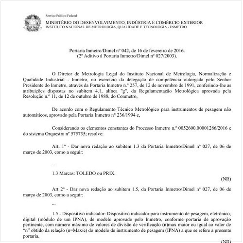 Portaria DIMEL/INMETRO 42:2016 - Situação: Em vigor